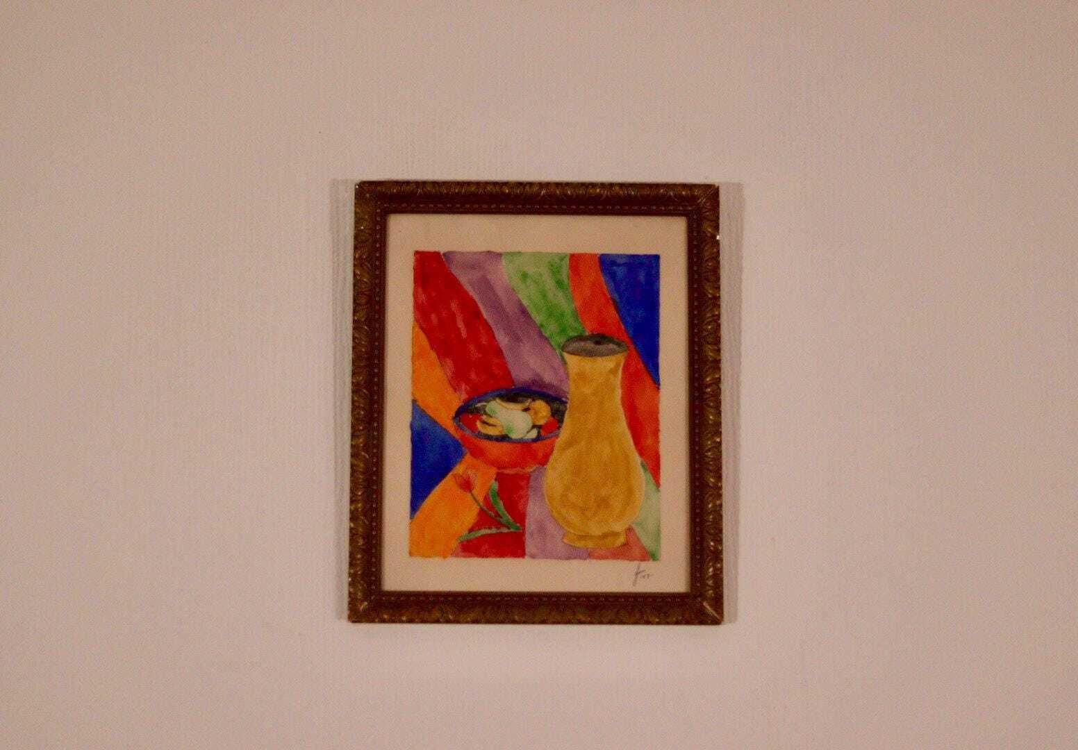 Original Swedish Watercolor – “Vase With Fruit” – Vintage & Dated Jan 1947, Framed  36 × 30 Cm (14.2" × 11.8")