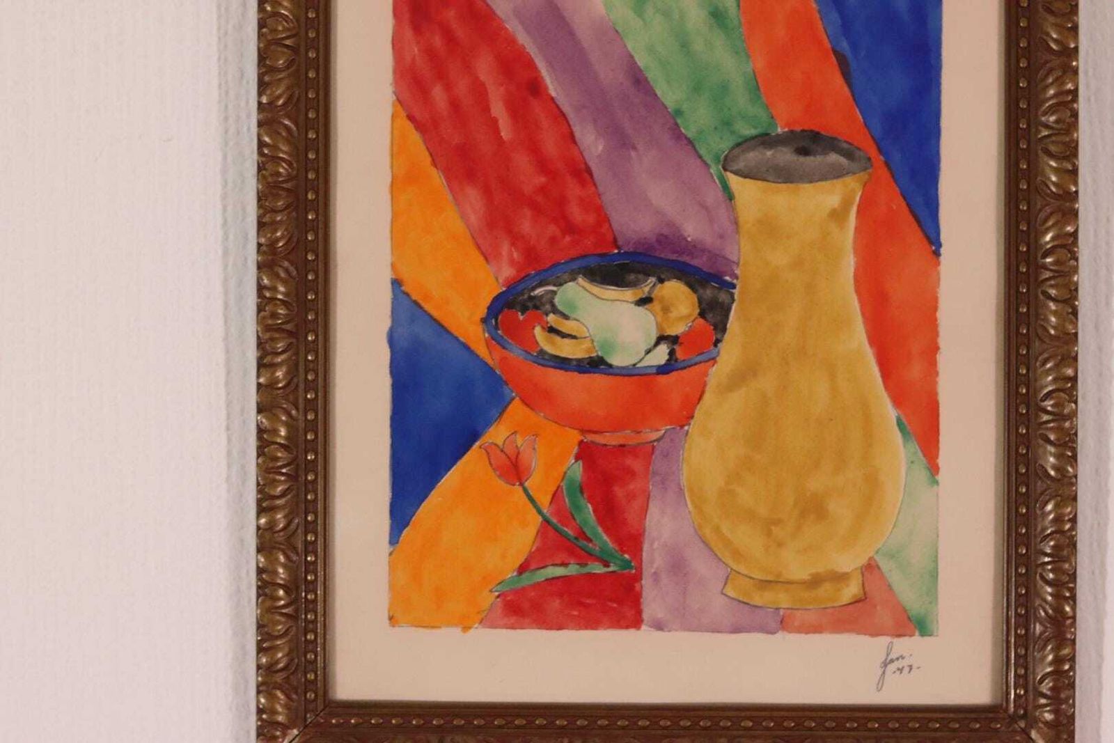 photo vintage Original Swedish Watercolor – “Vase With Fruit” – Vintage & Dated Jan 1947, Framed  36 × 30 Cm (14.2" × 11.8")