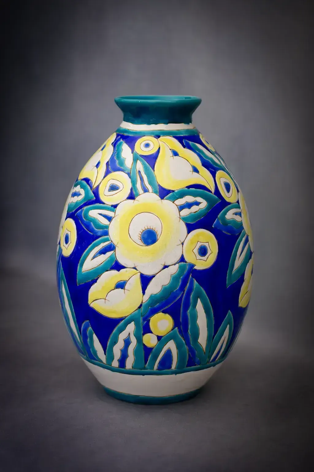 Large Blue Earthenware Vase With Floral Art Deco Decoration Keramis (D 1558) photo for sale