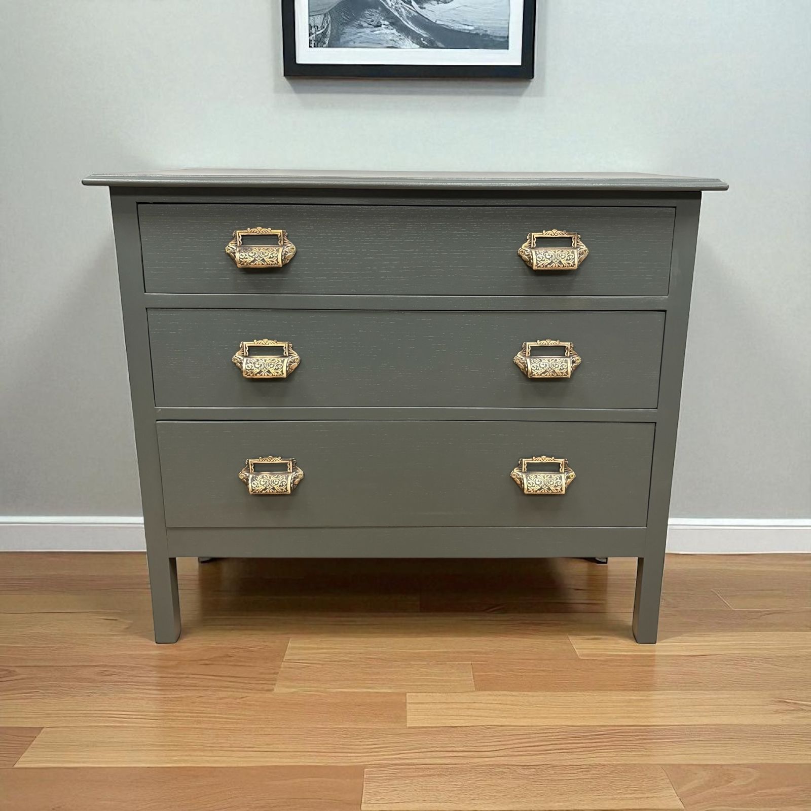 Vintage Solid Oak Set Of Painted Green/ Black Chest Of Three Drawers