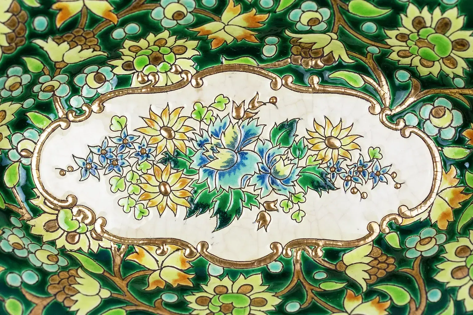 Longwy Cup In Cloisonné Enamels On A Green Background, Polychrome Floral Decoration And Gold photo 690.0