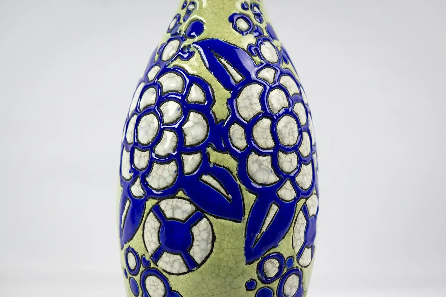 Art Deco Vase In Glazed Ceramic By Boch Frères Keramis, Decoration 1121 Blue Flowers On A Crackled Green Background photo for sale