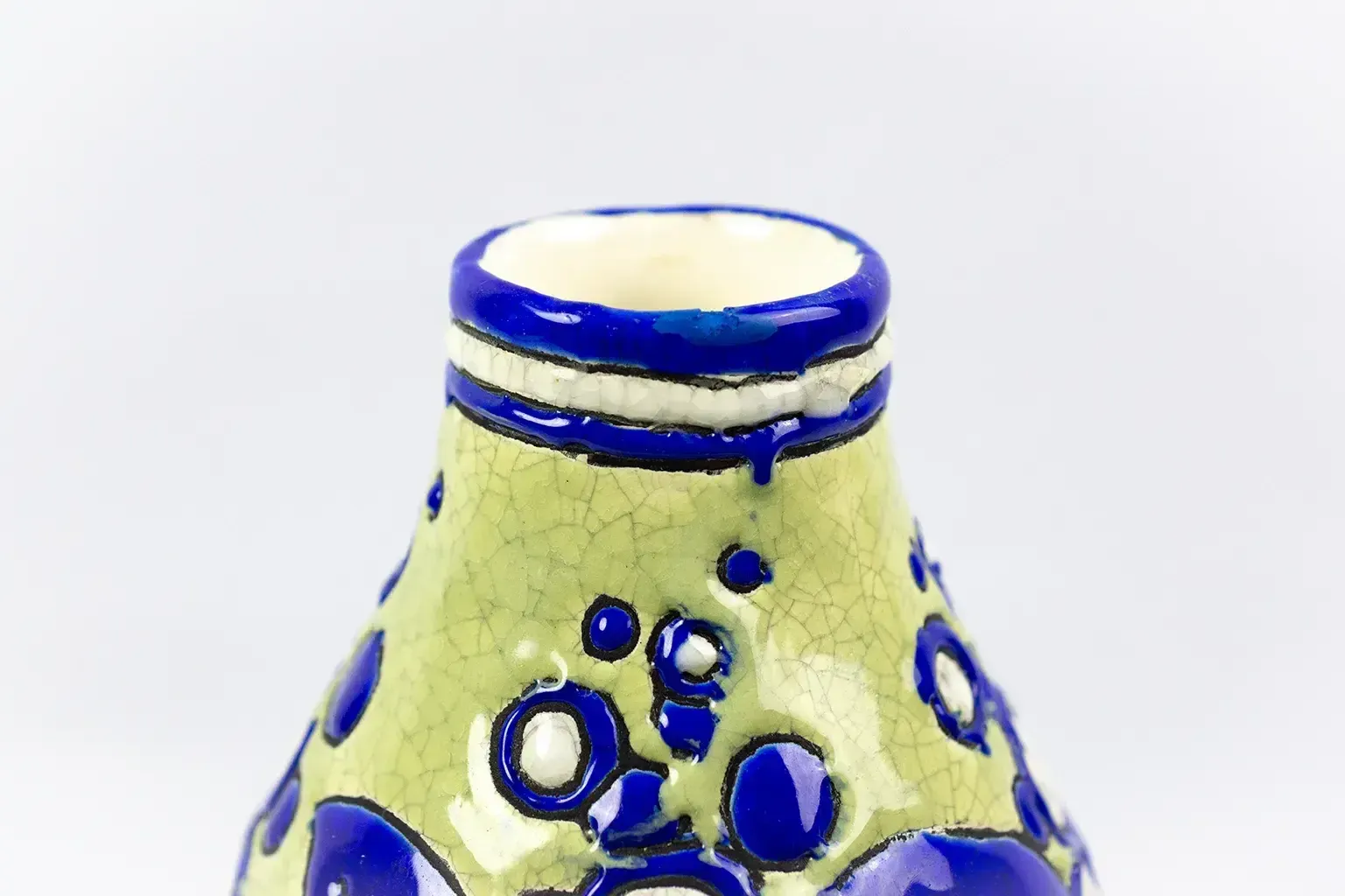 photo for sale Art Deco Vase In Glazed Ceramic By Boch Frères Keramis, Decoration 1121 Blue Flowers On A Crackled Green Background