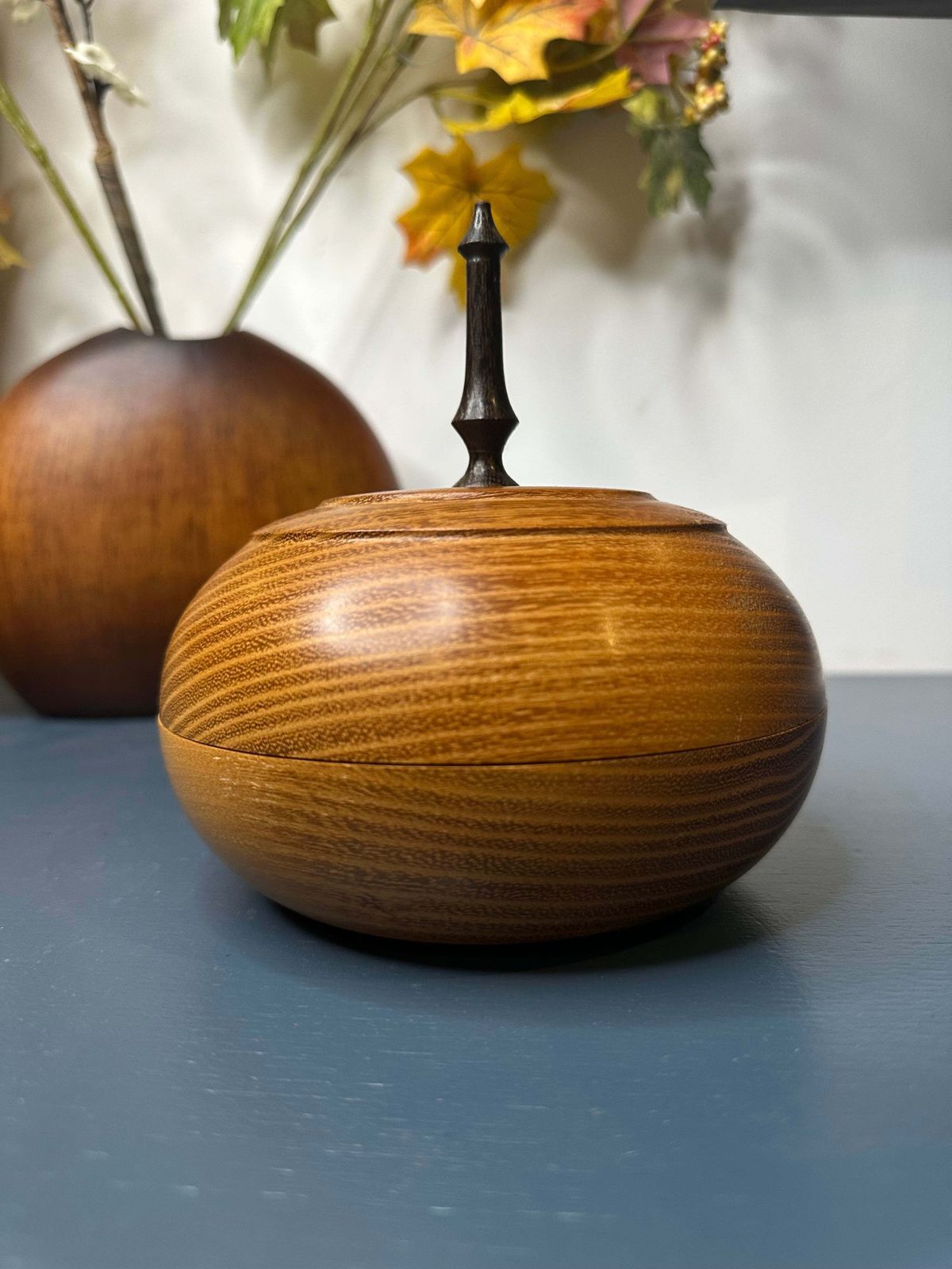 Hand Turned Ancient Acacia Lidded Bowl With Oak Spike Handle — Crafted In Norfolk From 5,000 Year Old Local Timber