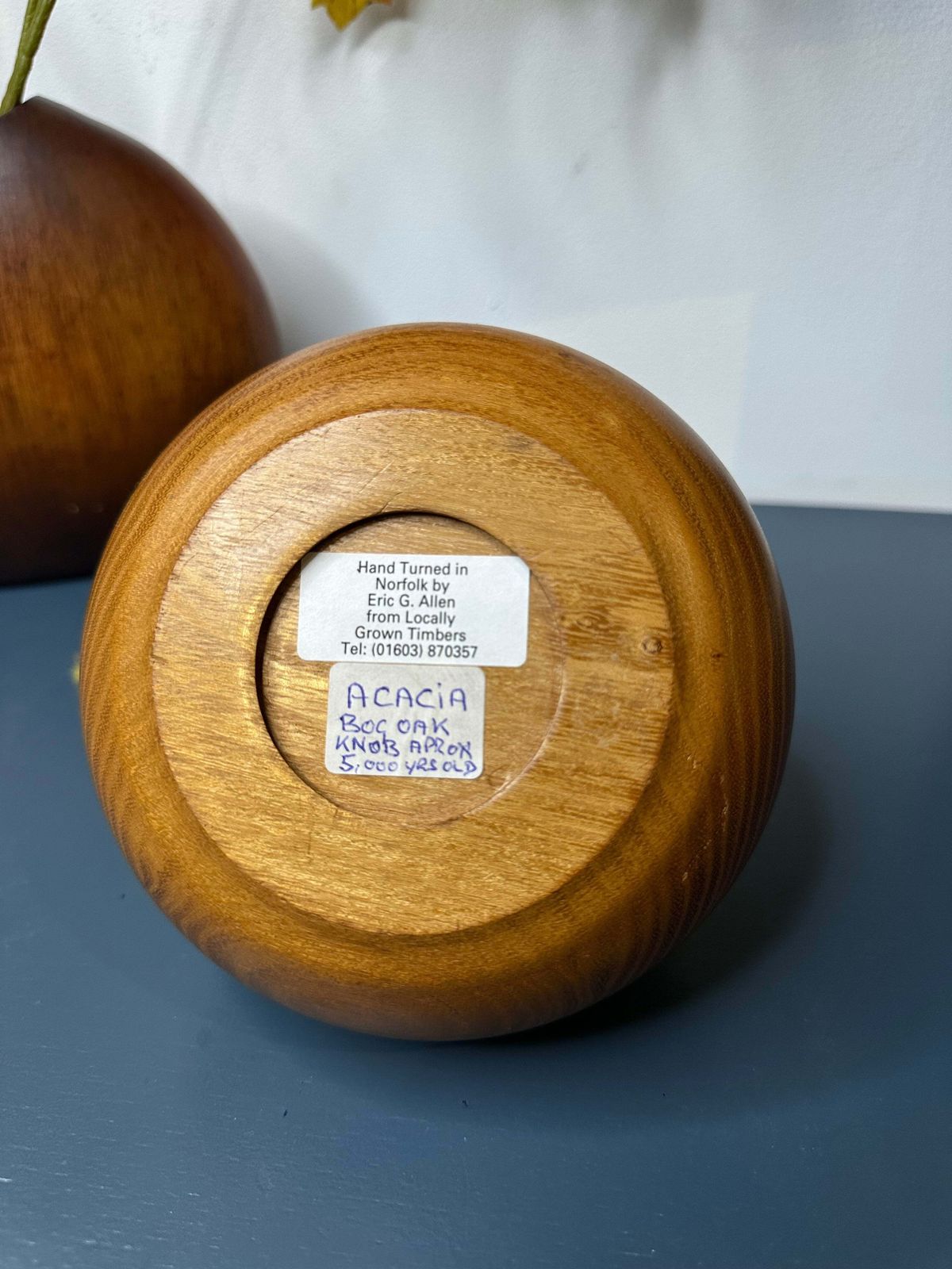 photo furniture Hand Turned Ancient Acacia Lidded Bowl With Oak Spike Handle — Crafted In Norfolk From 5,000 Year Old Local Timber