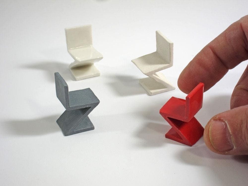Collector’s Set Of 4 Rietveld Inspired Zig Zag Miniature Porcelain Ceramic Chairs photo for sale