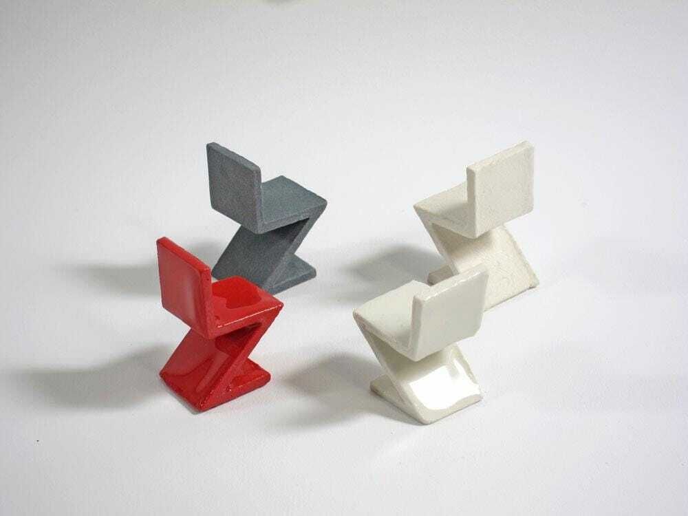 Collector’s Set Of 4 Rietveld Inspired Zig Zag Miniature Porcelain Ceramic Chairs photo buy