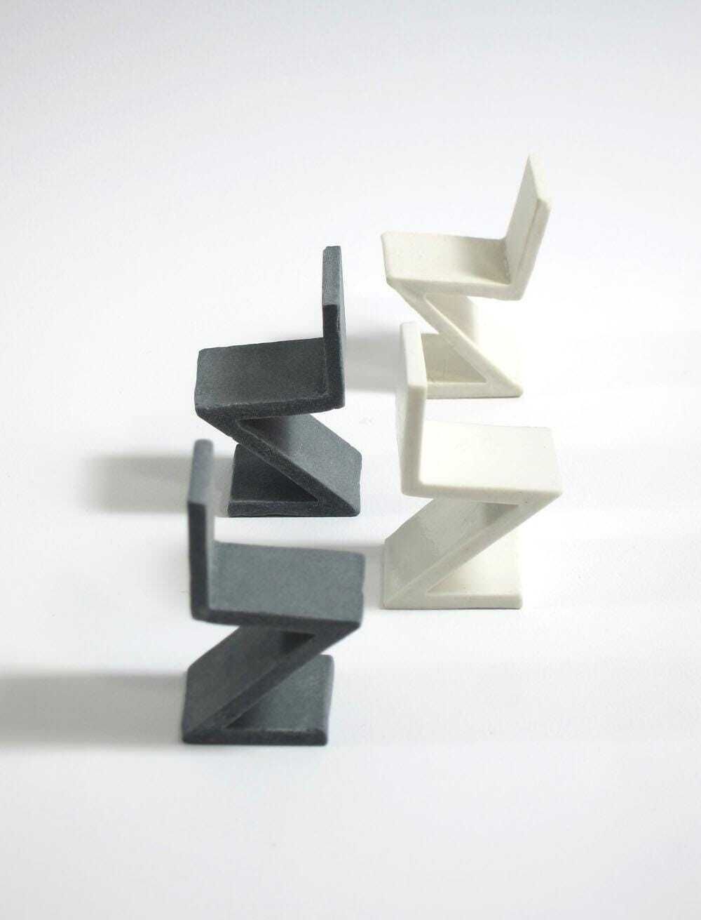 Collector’s Set Of 4 Rietveld Inspired Zig Zag Miniature Porcelain Ceramic Chairs photo Home Decor