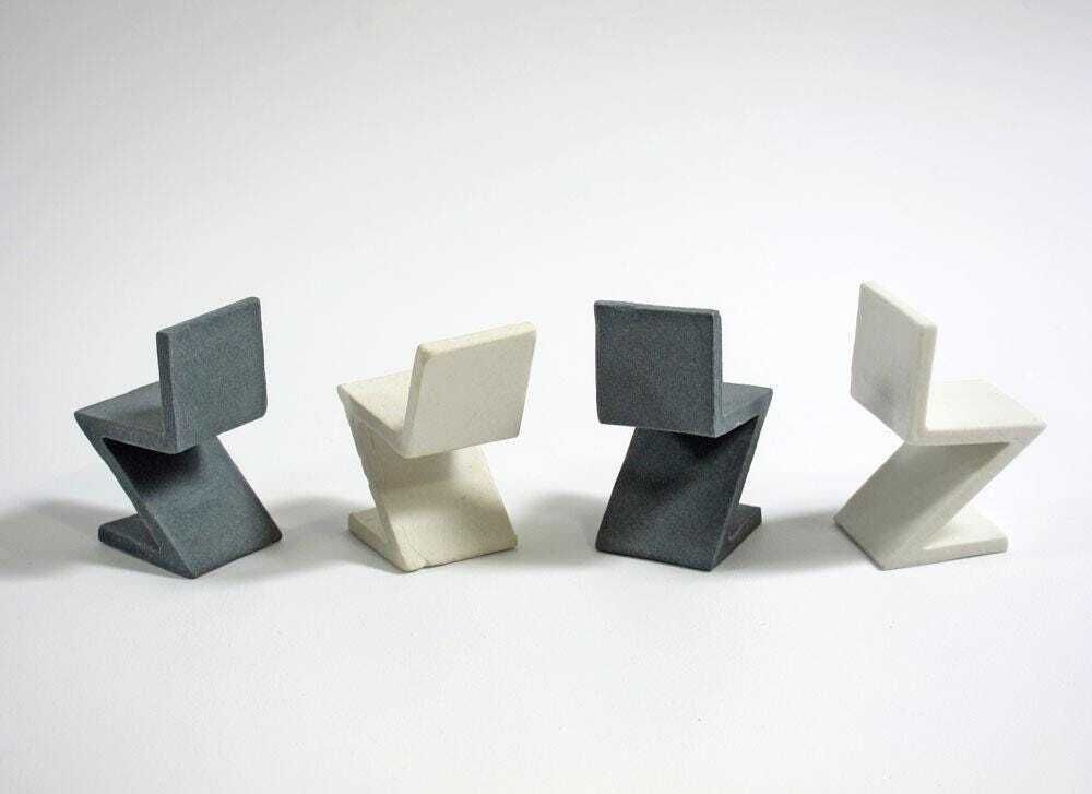 photo for sale Collector’s Set Of 4 Rietveld Inspired Zig Zag Miniature Porcelain Ceramic Chairs
