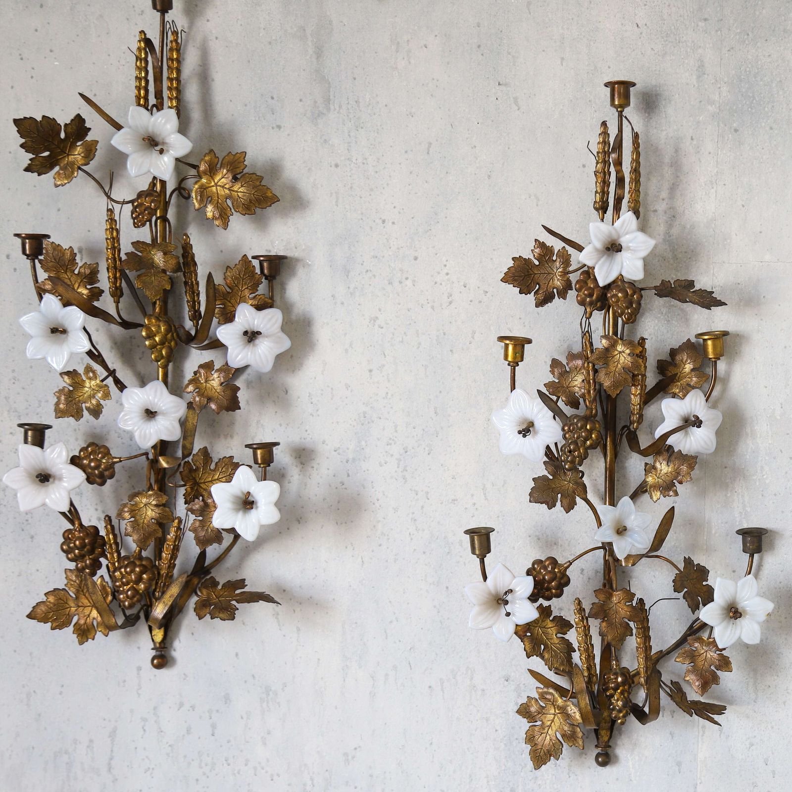 Pair Of Decorative Gilt Metal Wall Sconces With Glass Flowers — French, Mid 20th Century photo for sale