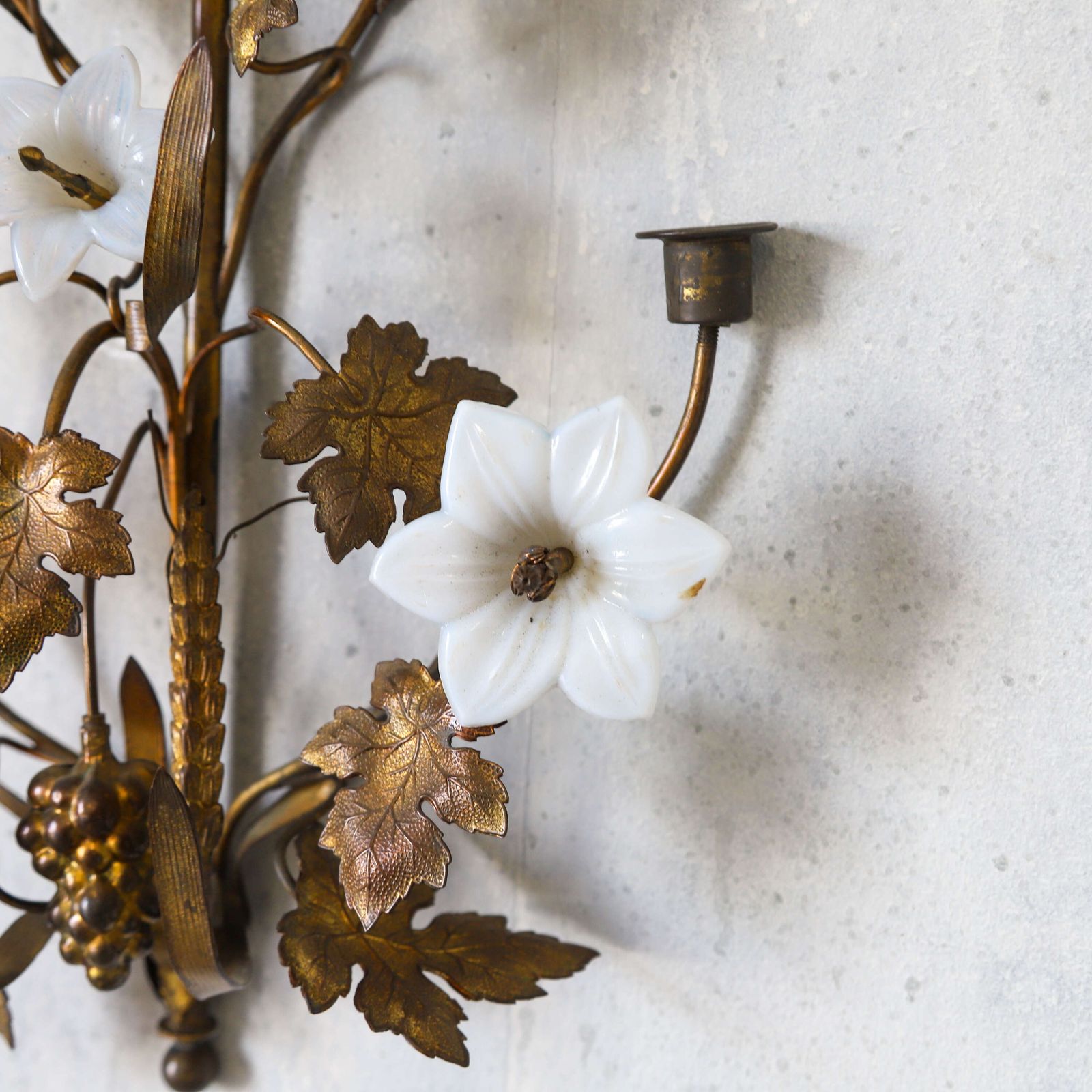 Pair Of Decorative Gilt Metal Wall Sconces With Glass Flowers — French, Mid 20th Century photo vinterior