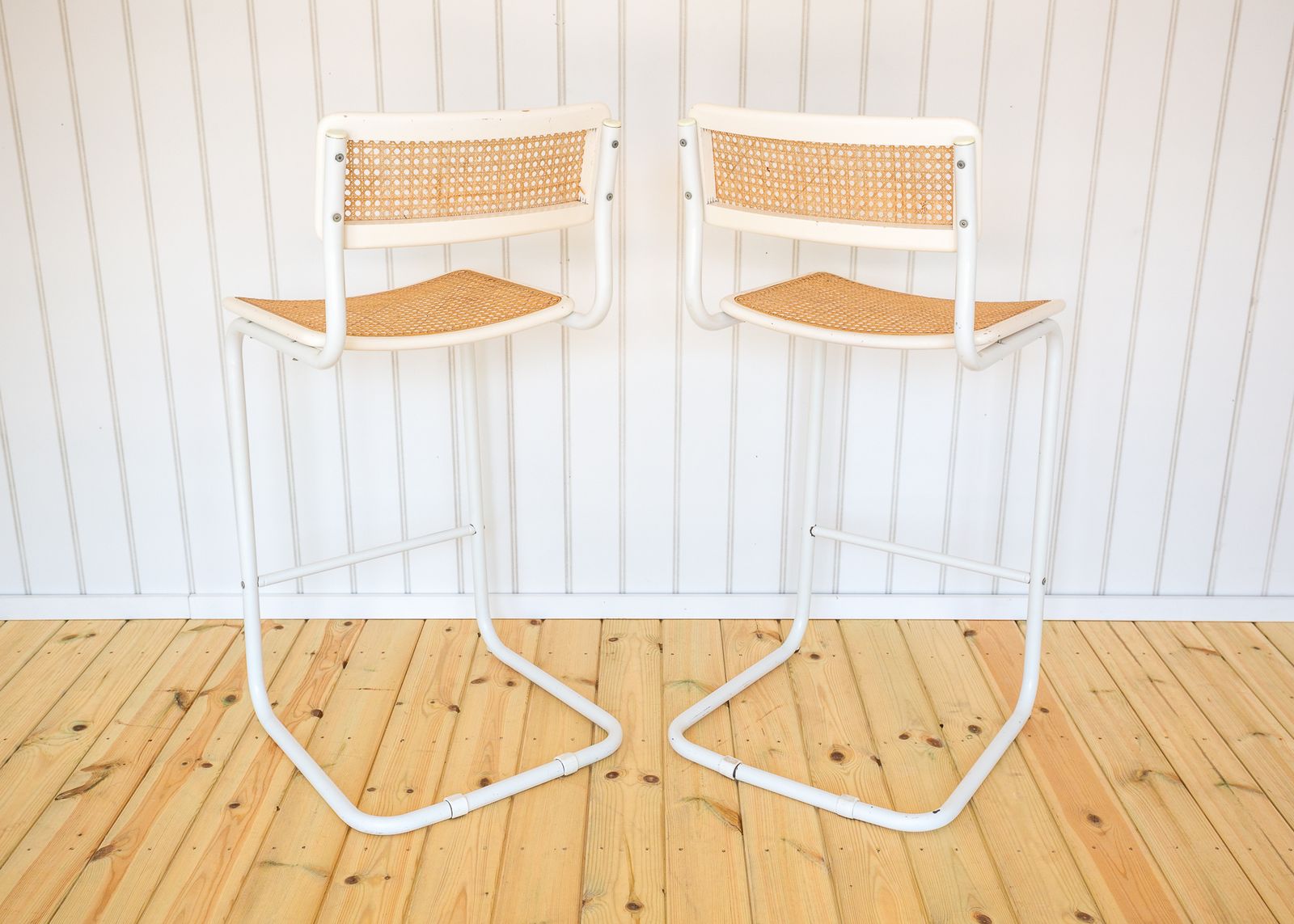 1250.0 2 White Cesca Barstools Marcel Breuer B64 S64 Bauhaus Rattan Bar Chair Mcm 1970s Pair Bar Stools Bar Chairs Mid Century photo
