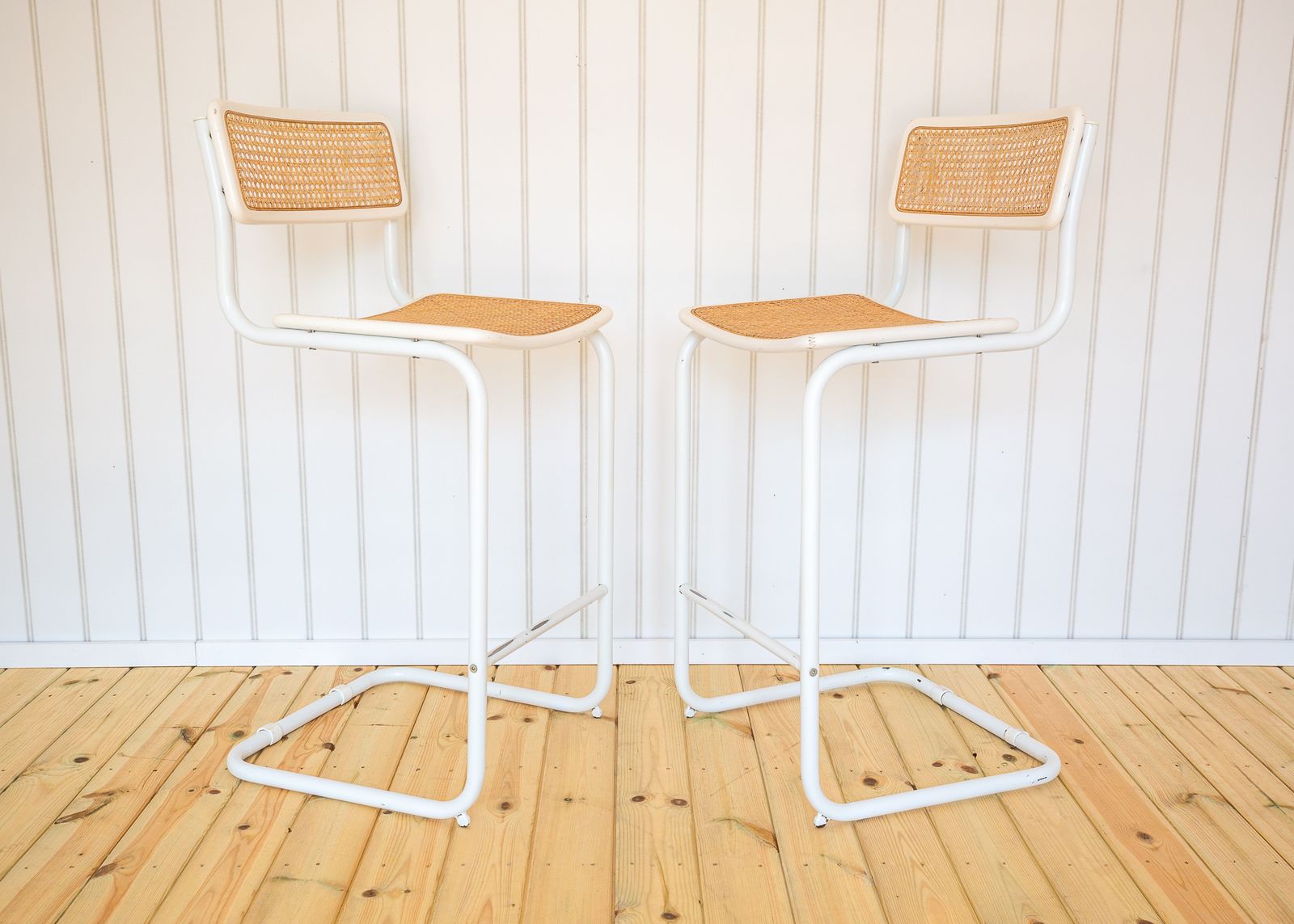 2 White Cesca Barstools Marcel Breuer B64 S64 Bauhaus Rattan Bar Chair Mcm 1970s Pair Bar Stools Bar Chairs Mid Century photo for sale