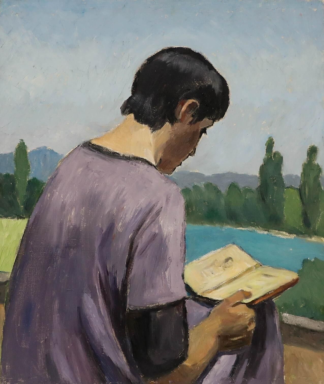 Georges Joubin (1888 1983)   Mid 20th Century Oil, Reading Outside photo furniture