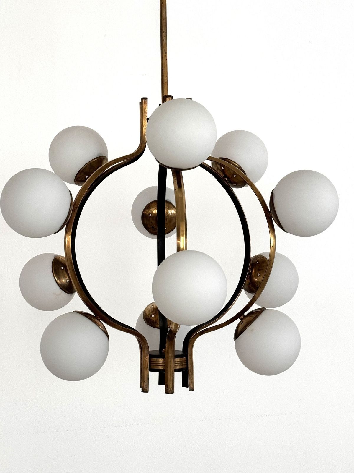 photo furniture Stilnovo Italian Brass And Opaline Glass Chandelier, 1950s