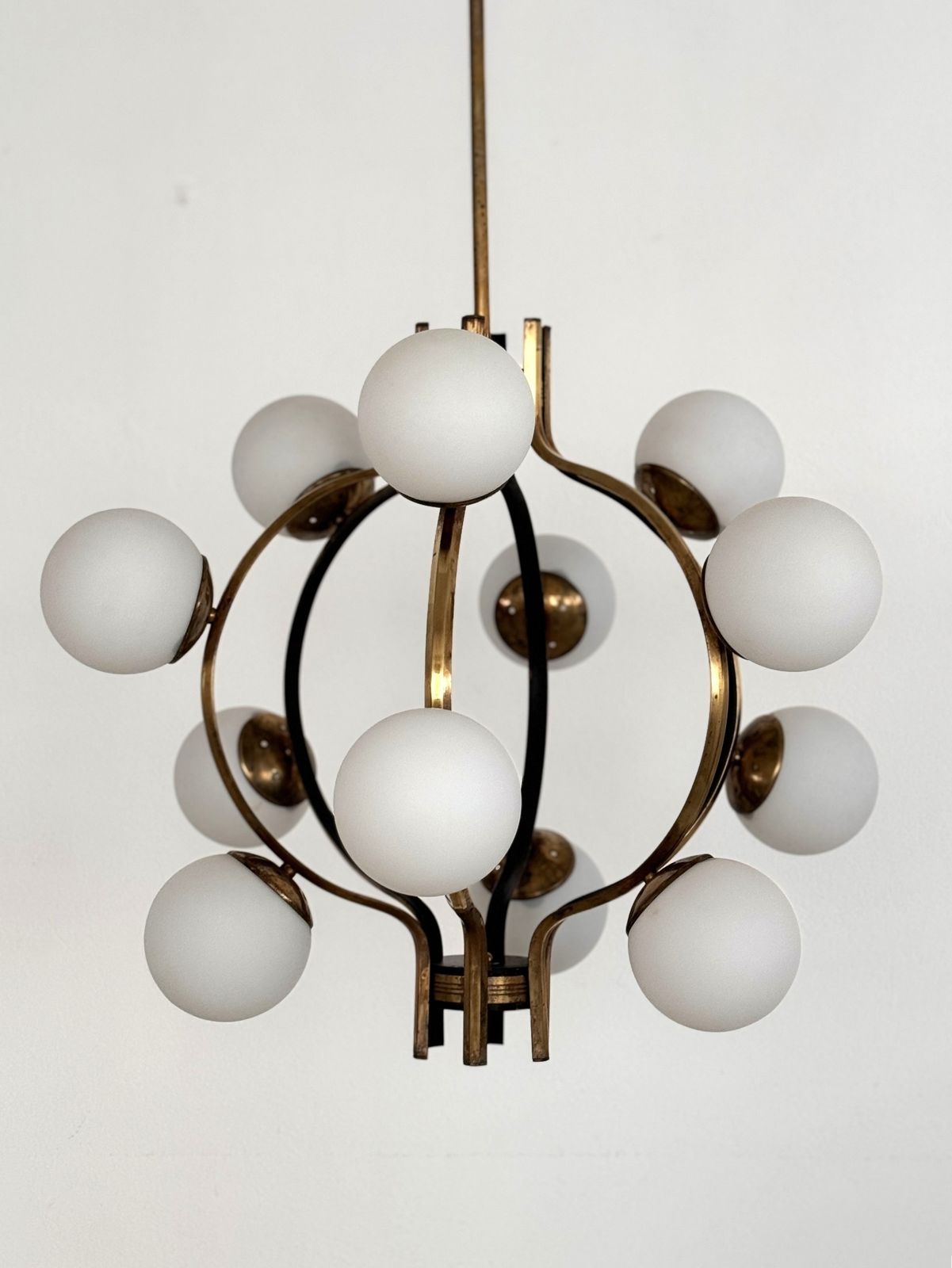 photo buy Stilnovo Italian Brass And Opaline Glass Chandelier, 1950s