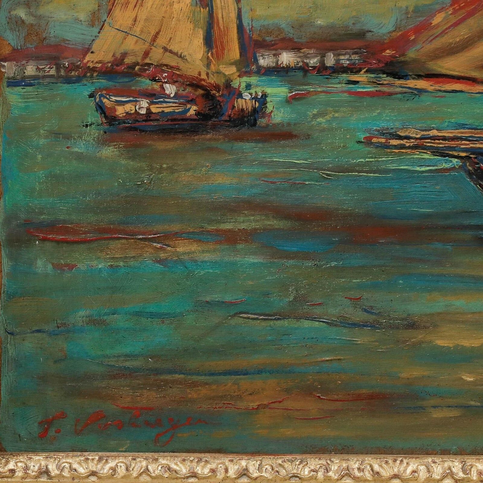 Framed 20th Century Oil   Boats At Sunset photo vinterior
