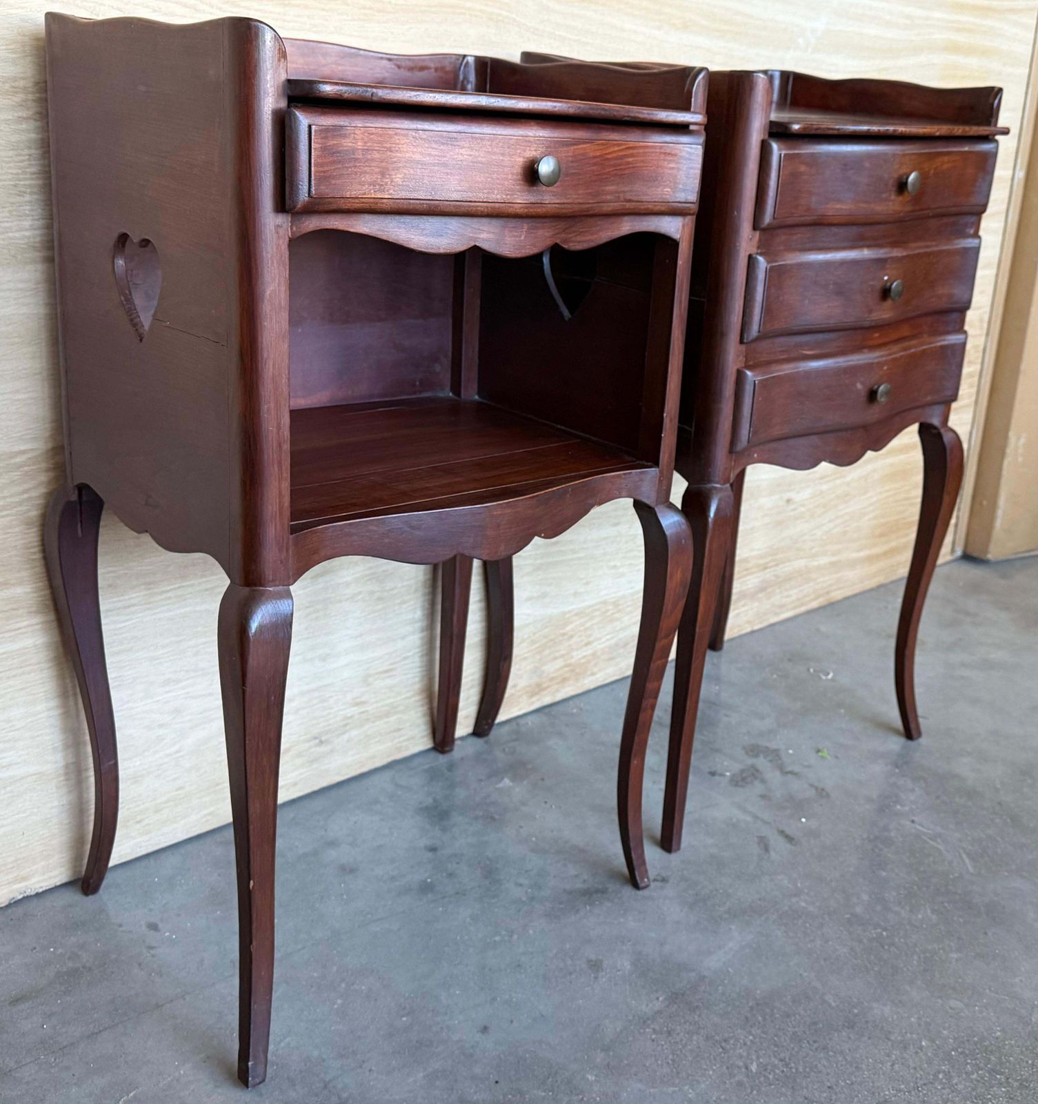 Pair Of French Walnut Bedside Tables With Heart Shaped Open Shelf / Three Drawers photo vinterior