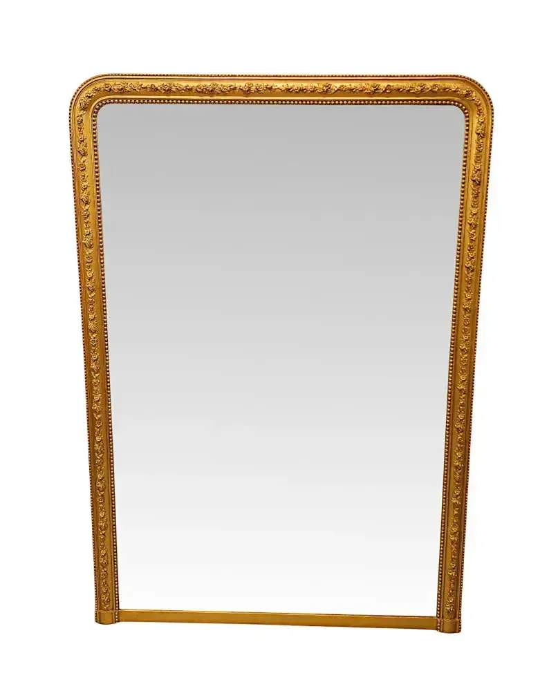 A Stunning Large Size 19th Century Giltwood Overmantel Mirror With Flower Detailing