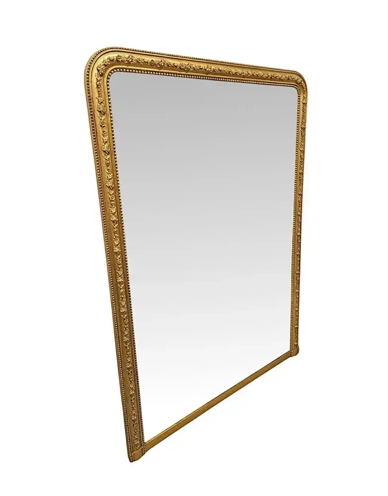 A Stunning Large Size 19th Century Giltwood Overmantel Mirror With Flower Detailing photo for sale