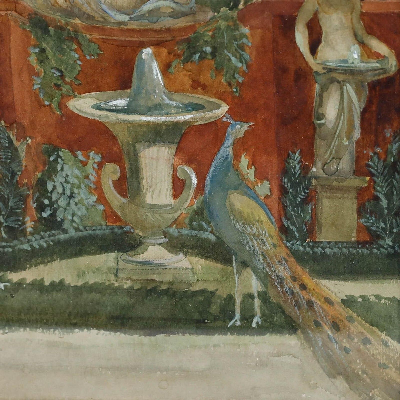 Adolf Schill (1848 1911)   Late 19th Century Watercolour, Peacock And Fountain photo 250.0
