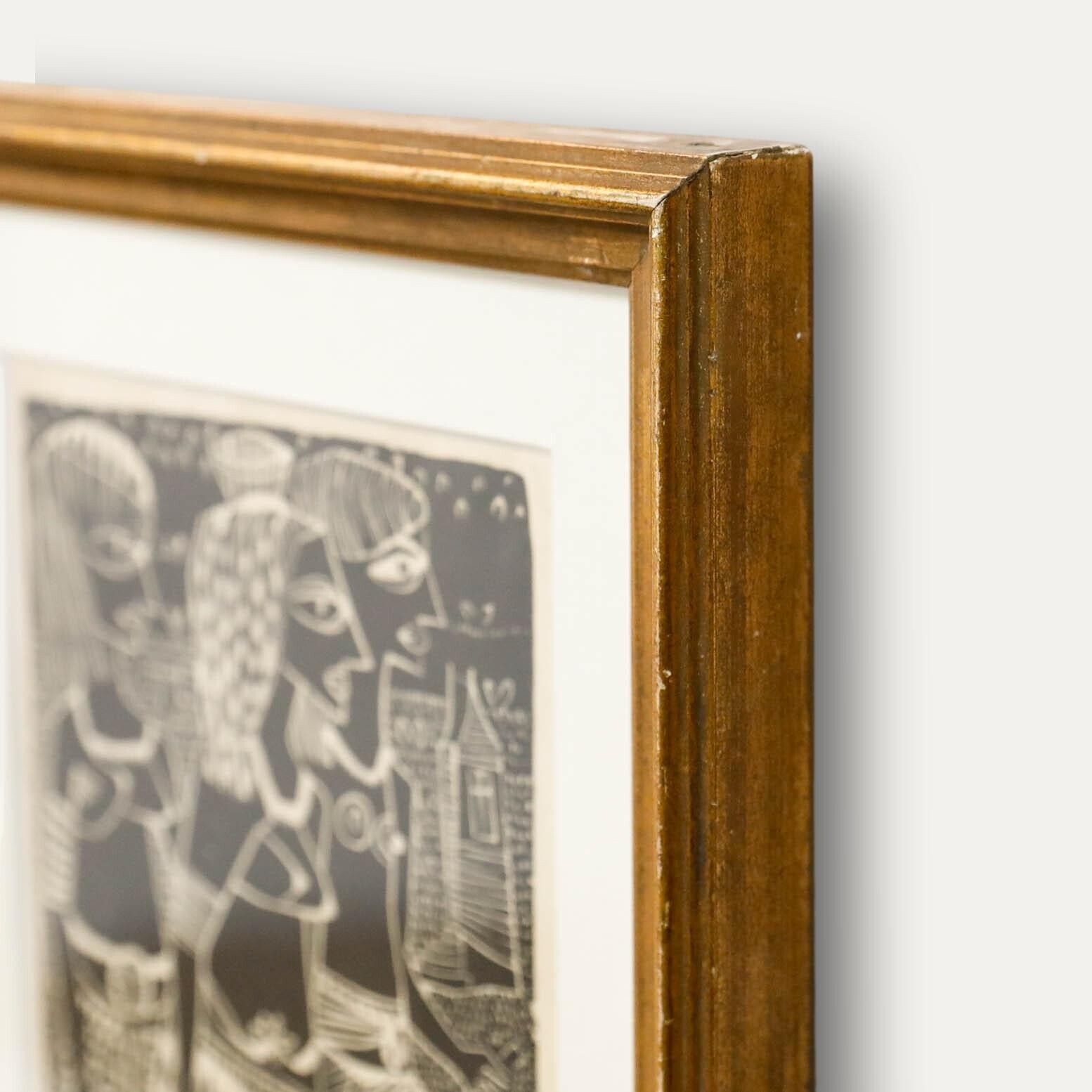 Arne Lindaas (1924 2011)   Framed 1948 Wood Engraving, Three Native Figures photo 175.0
