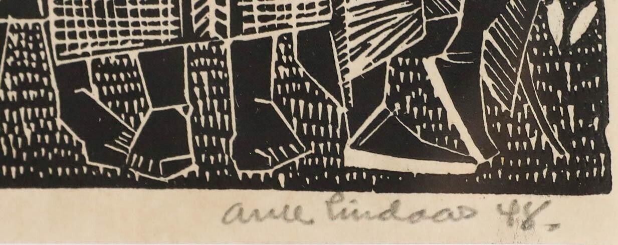 Arne Lindaas (1924 2011)   Framed 1948 Wood Engraving, Three Native Figures photo vinterior