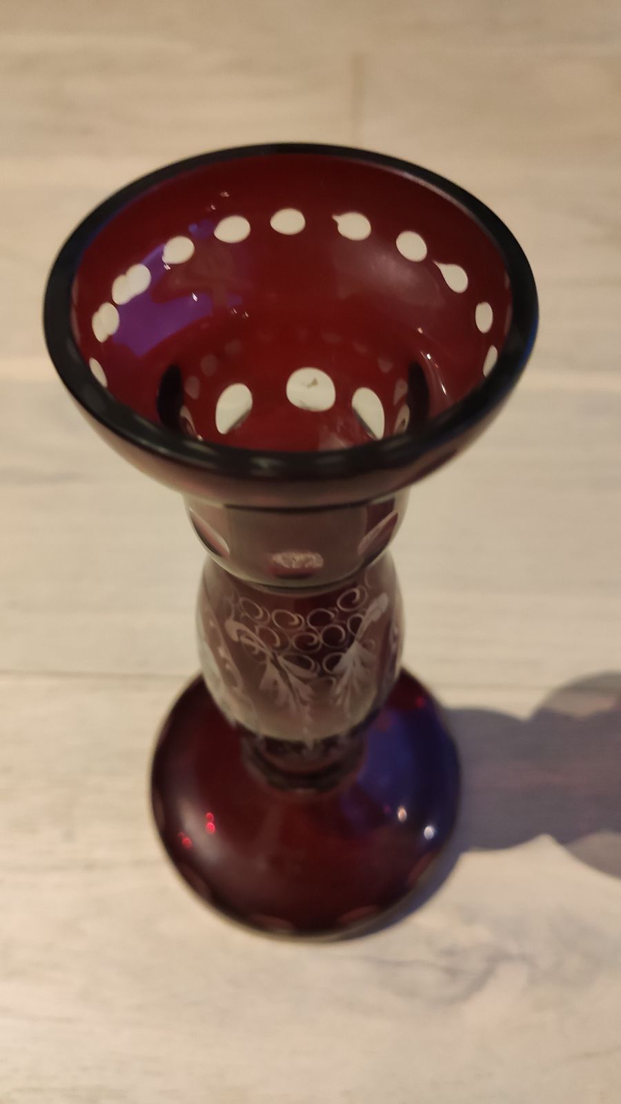 Bohemian Ruby Red Cut To Clear Crystal Vase & Matching Candle Holders – Hand Engraved Two Layer Glass photo for sale