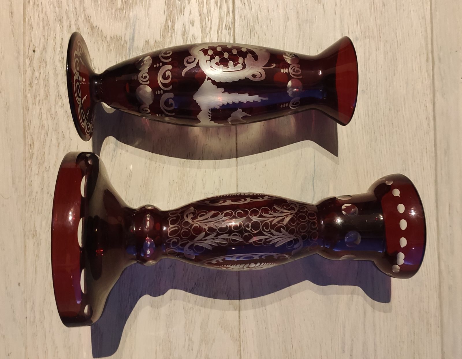Bohemian Ruby Red Cut To Clear Crystal Vase & Matching Candle Holders – Hand Engraved Two Layer Glass photo vinterior