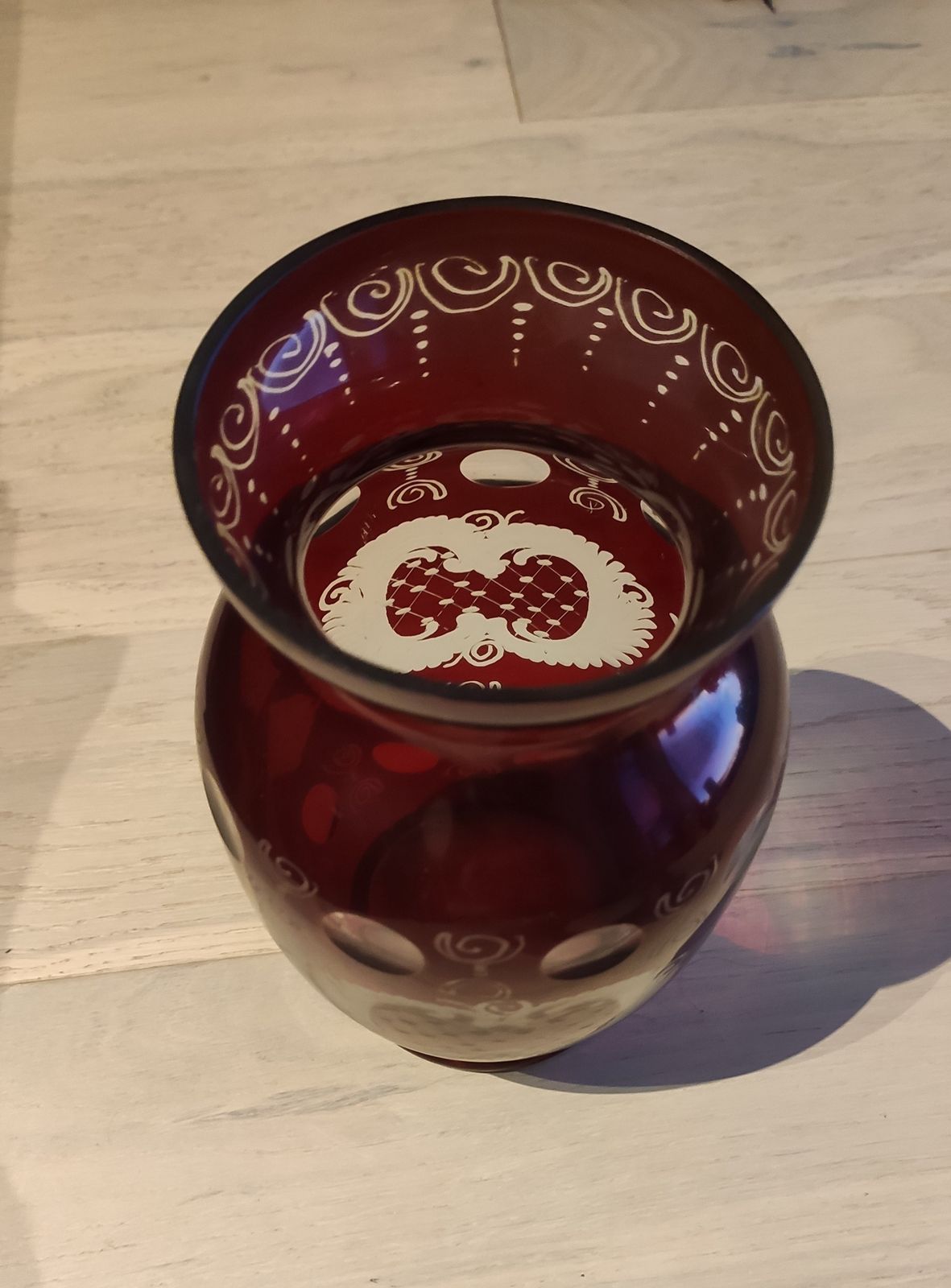 Bohemian Ruby Red Cut To Clear Crystal Vase & Matching Candle Holders – Hand Engraved Two Layer Glass photo buy
