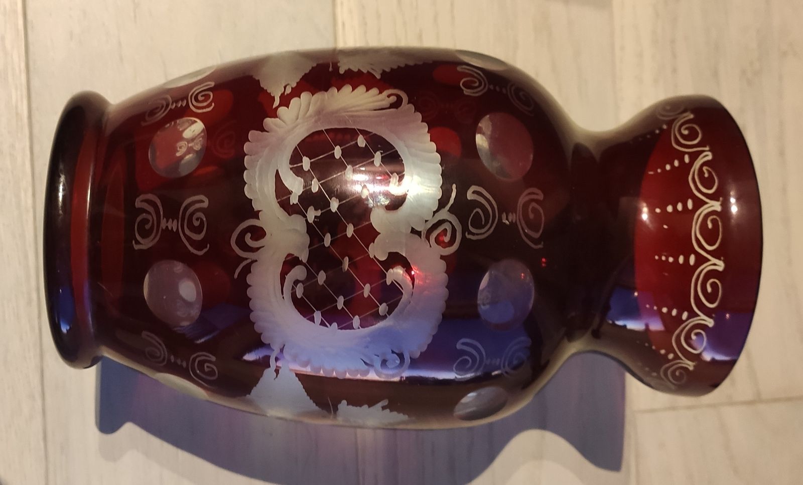 photo furniture Bohemian Ruby Red Cut To Clear Crystal Vase & Matching Candle Holders – Hand Engraved Two Layer Glass