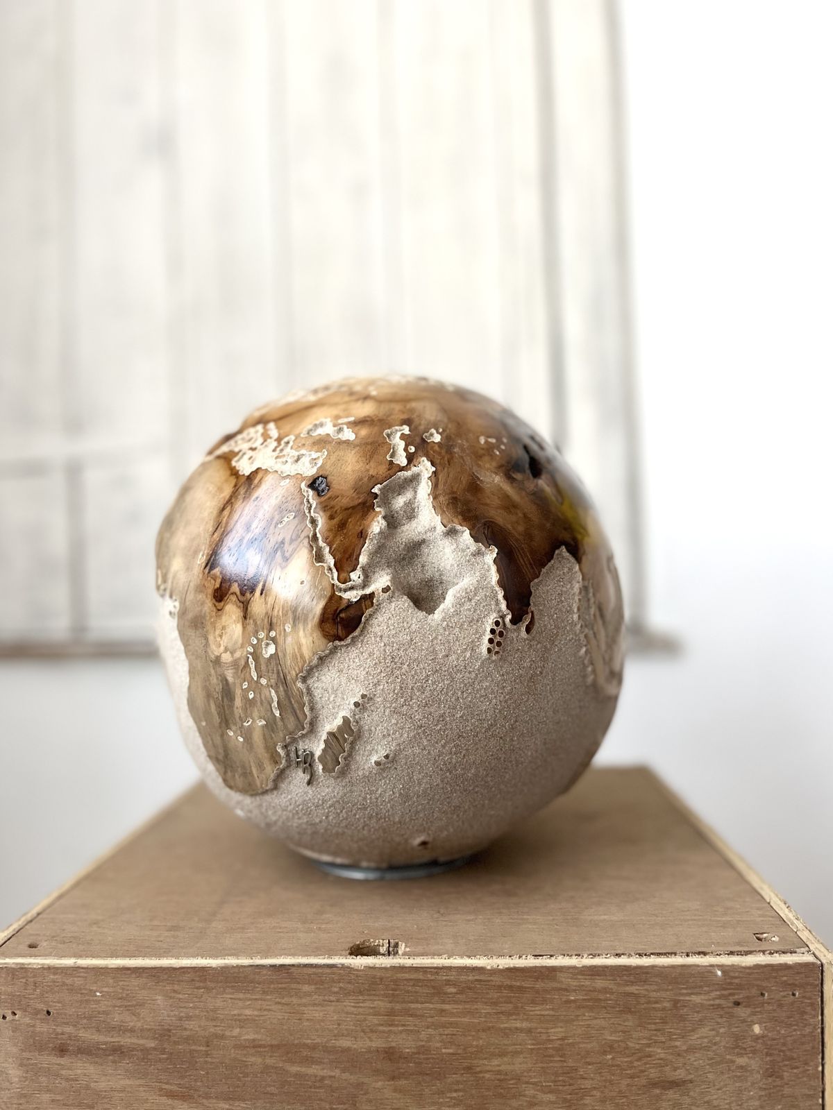 White Teak Wood & Volcanic Sand Globe 25 Cm By Bruno Helgen I D 091 Contemporary Wood Globe Sculpture photo furniture