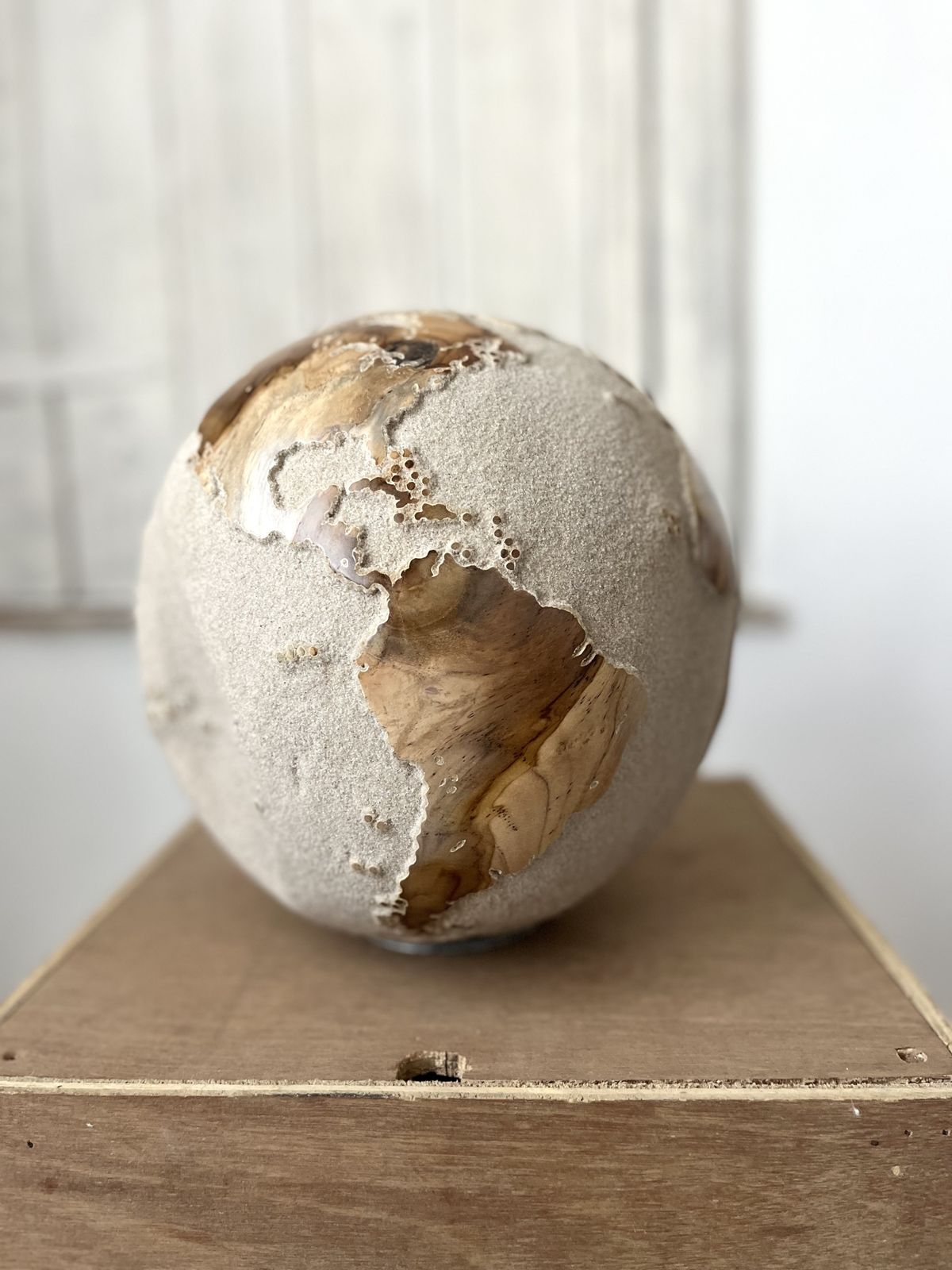 White Teak Wood & Volcanic Sand Globe 25 Cm By Bruno Helgen I D 091 Contemporary Wood Globe Sculpture photo for sale