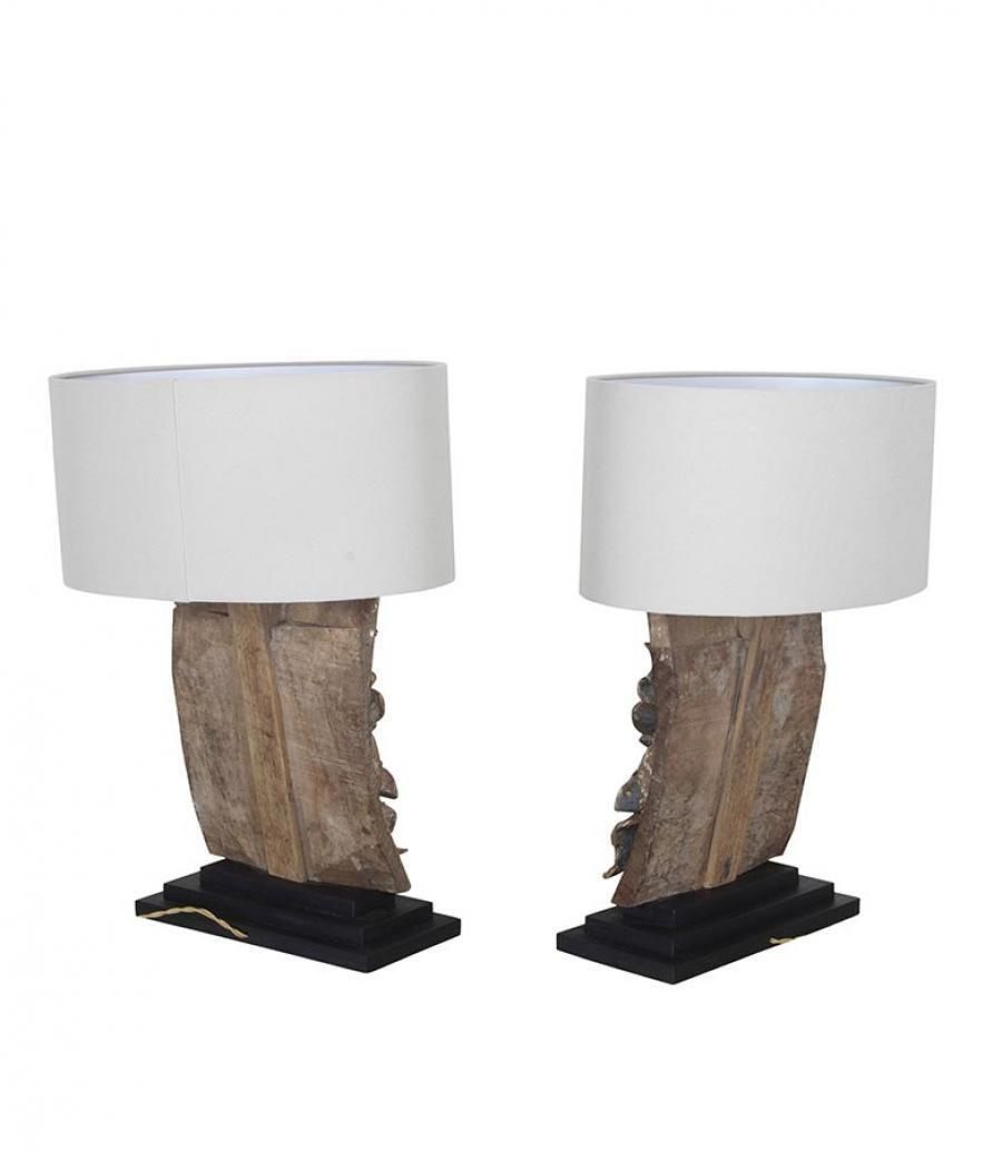 Pair Of Table Lamps Made From 17th Century Carved Wooden Fragments photo Lighting
