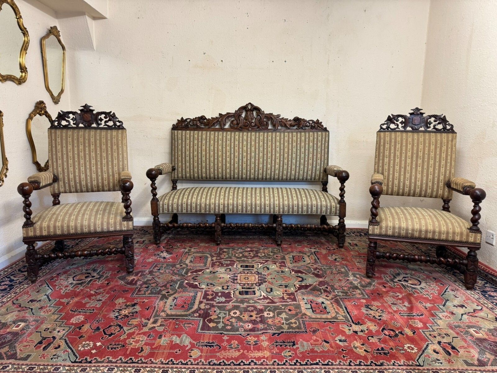 Quality Antique French Carved Oak Settee And Two Matching Armchairs Circa 1900 photo furniture