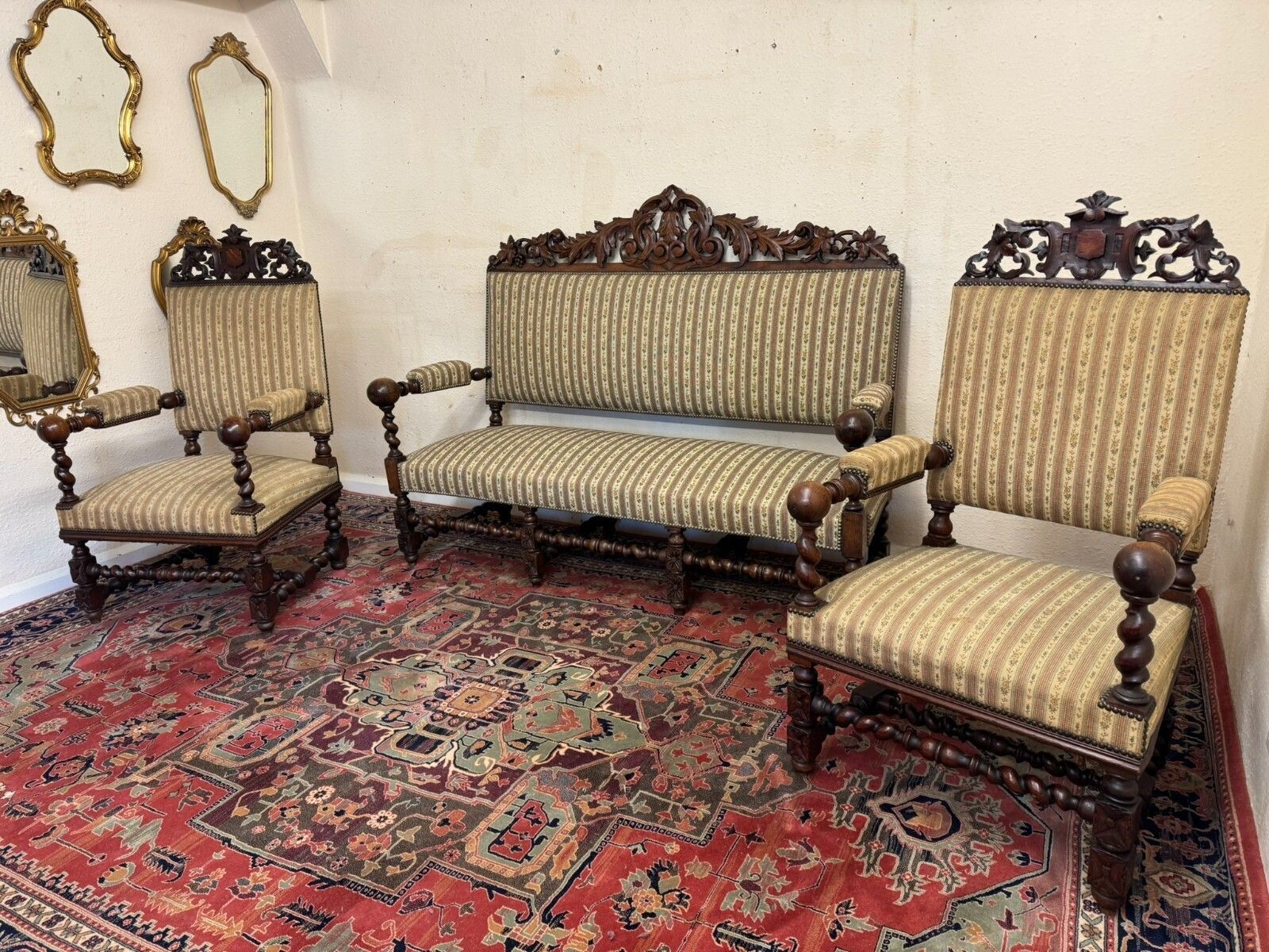 Quality Antique French Carved Oak Settee And Two Matching Armchairs Circa 1900 photo 975.0