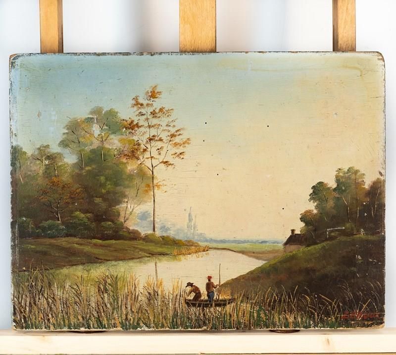 Gone Fishing   Antique French Oil On Board