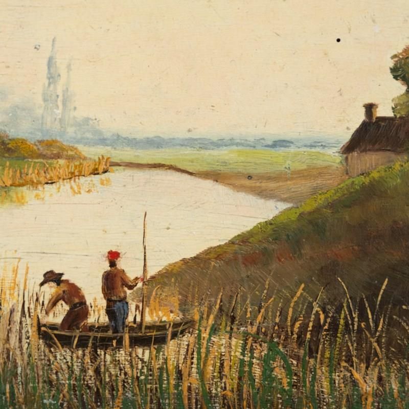 Gone Fishing   Antique French Oil On Board photo for sale