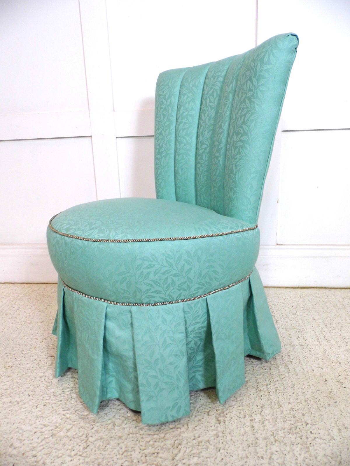 Vintage French Bedroom Boudoir Chanel Back Reupholstered Chair In Green Fabric photo for sale