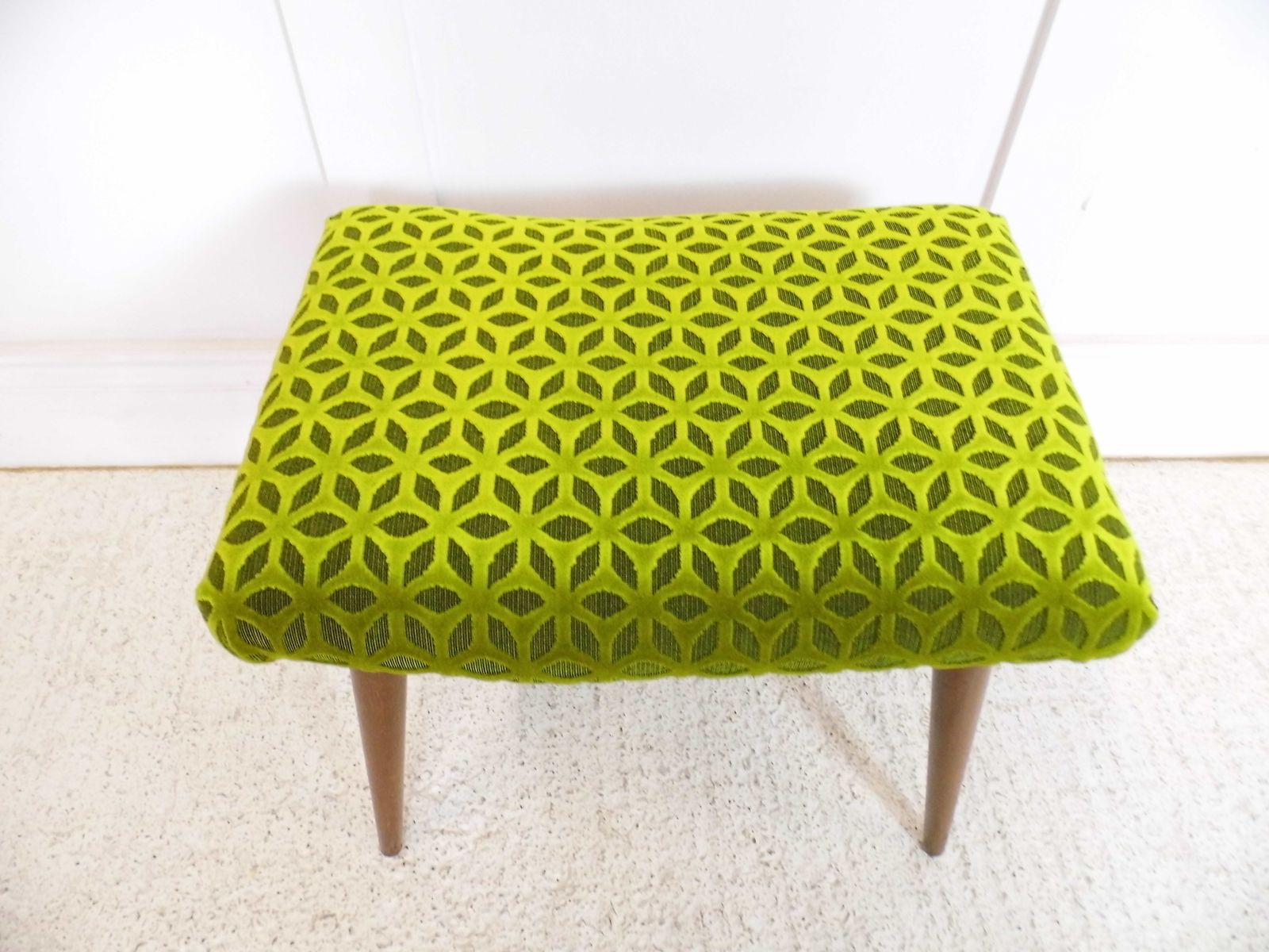 Vintage Freshly Upholstered Midcentury Danish Stool Geometric Velvet Fabric 1960