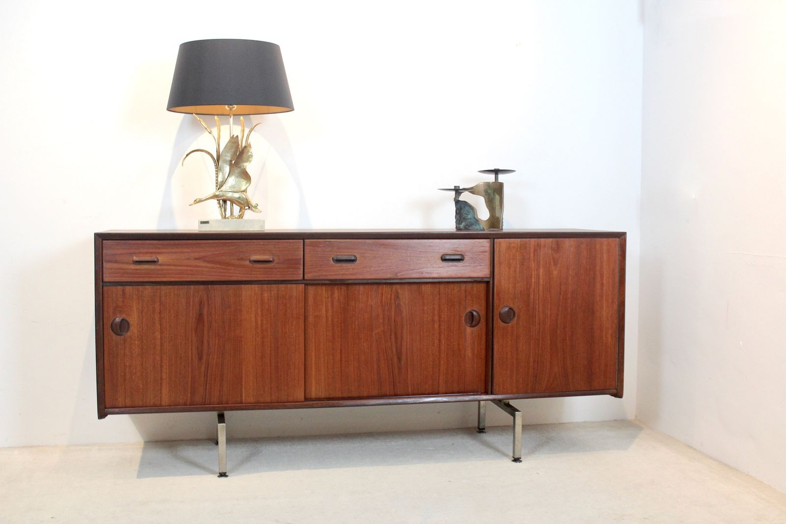 Mid Century Belgian Sideboard In Teak With Sculpted Handles And Steel Legs, 1960s photo furniture
