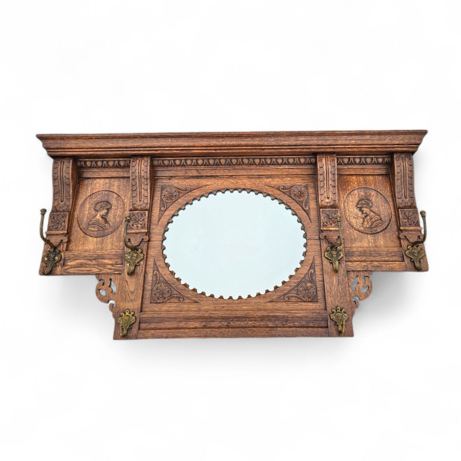 photo vinterior Dutch Entryway Wall Coat Rack / Solid Wood / Carved Decorations And Mirror In The Center / 1950s