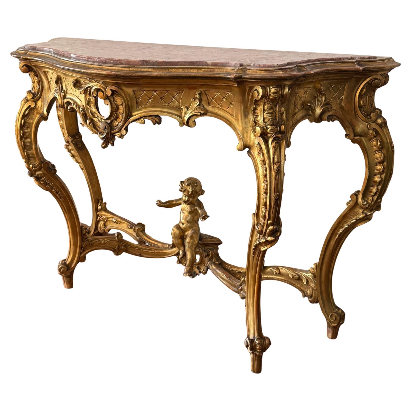 19th Baroque Carved & Gilted Walnut Ormolu With Marble Console Table And Cherub photo furniture