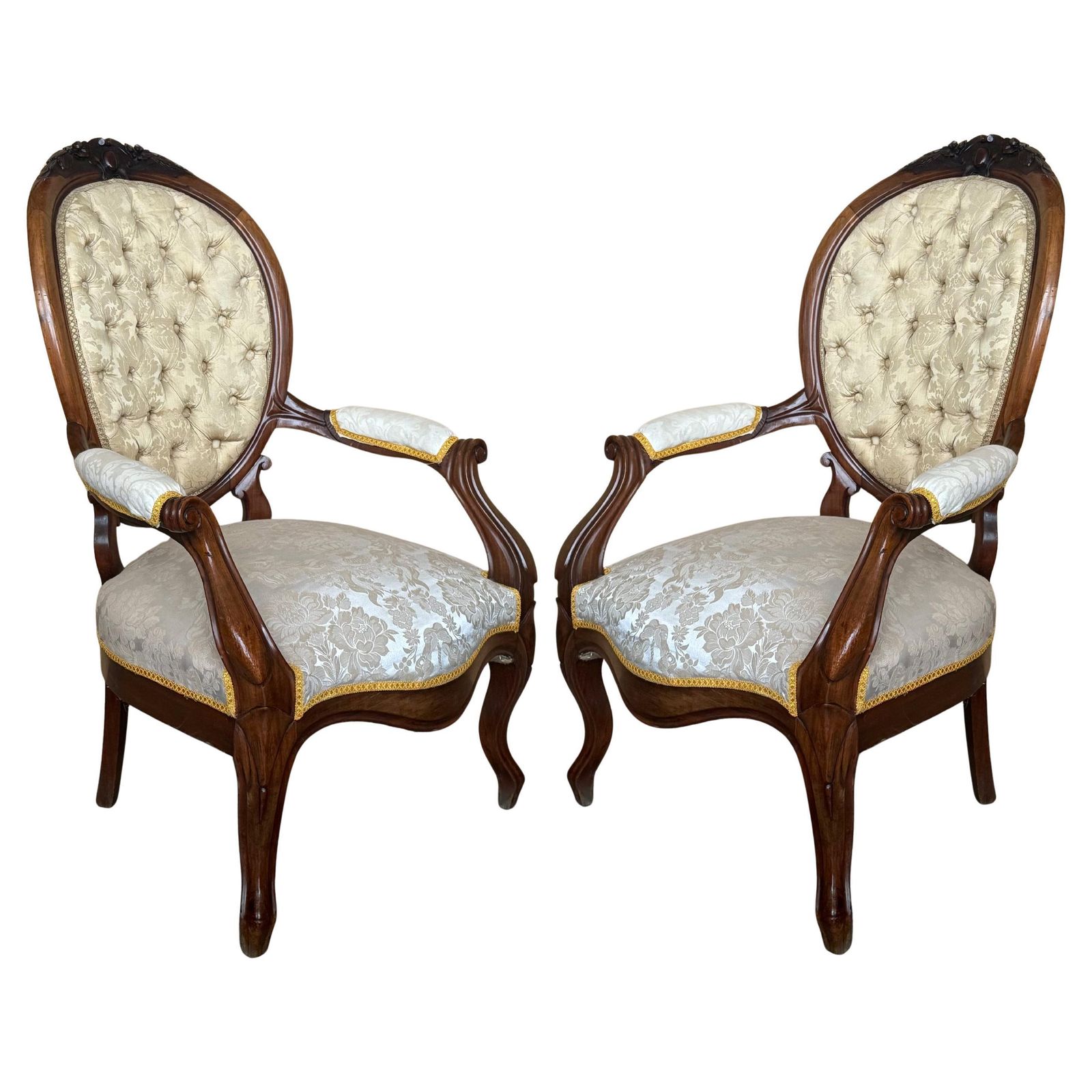 Pair Of 19th Century French Solid Walnut Louis XVI Armchairs ~ Fauteuils