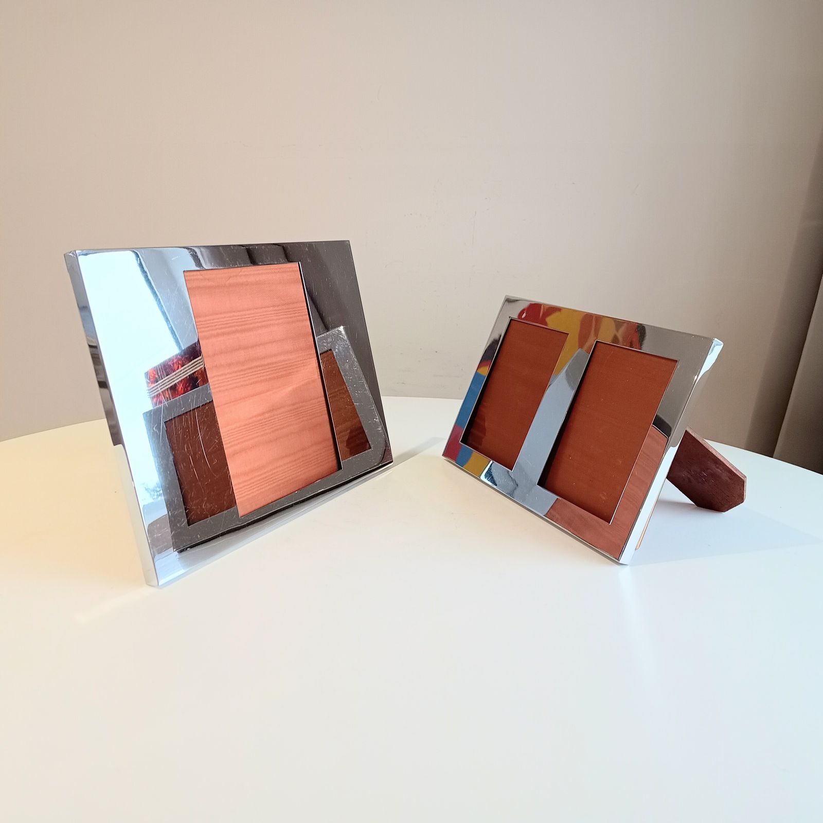 Set Of 2 Midcentury Modern Vintage Felice Antonio Botta Tabletop Frames, Chrome & Wood Back