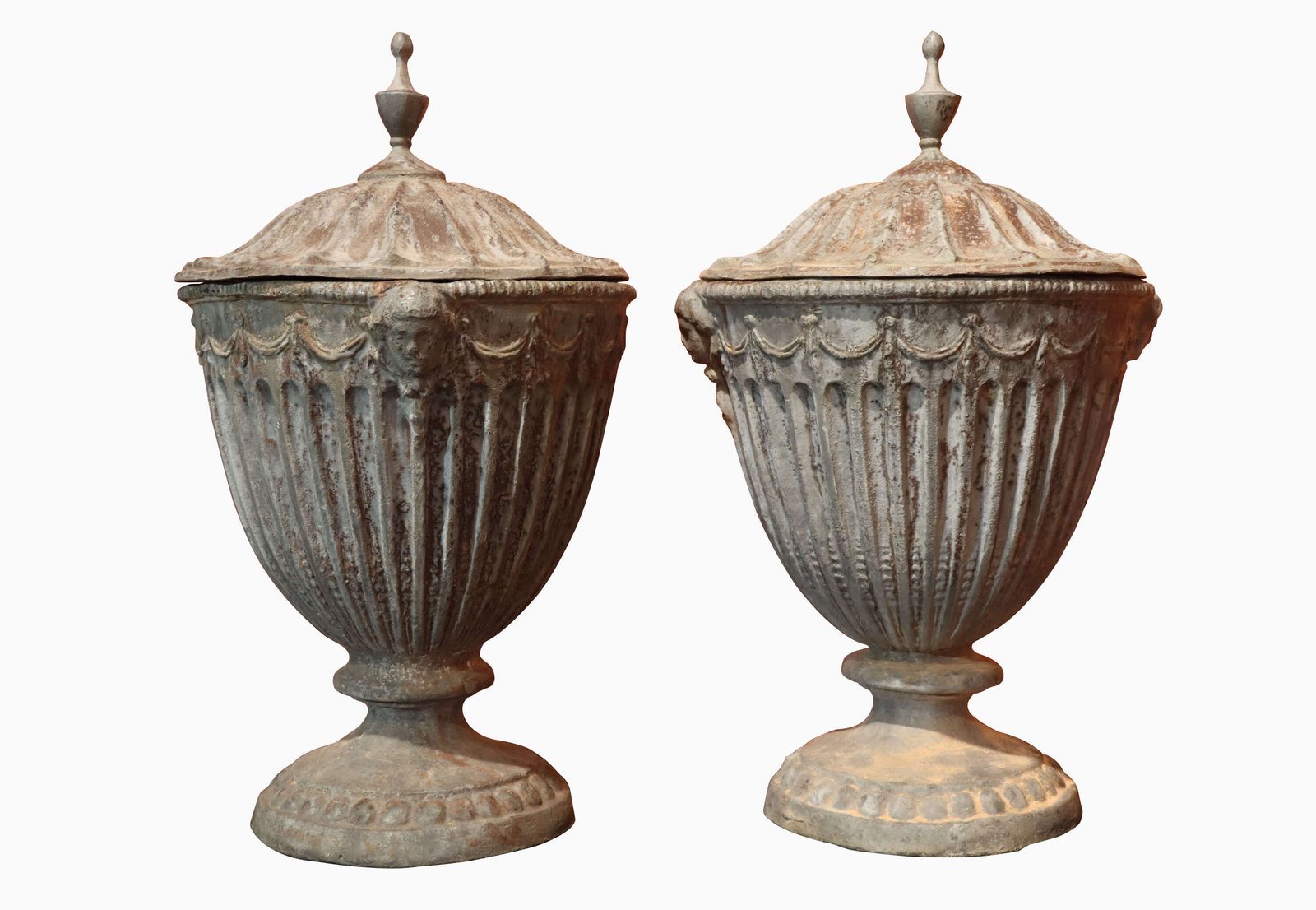 A Good Pair Of Early 20th Century Adam Style Lead Garden Urns With Covers