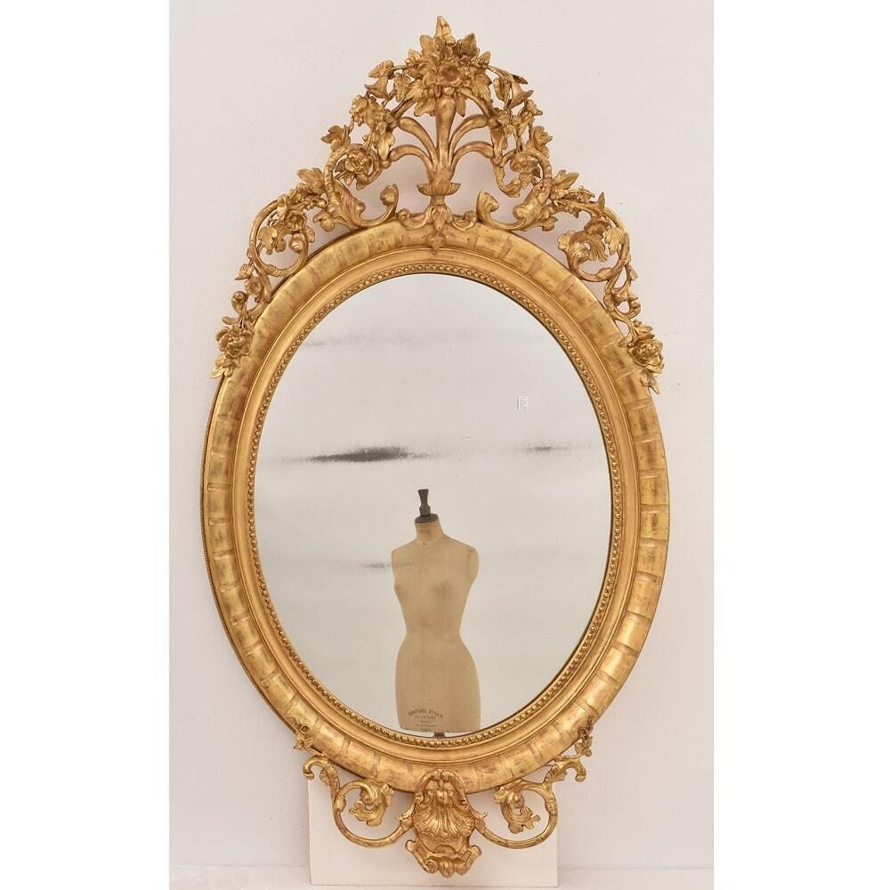 Large Antique Oval Mirror With Gilt Frames, Flowers And Scollutes,  Frame, 19th Century. (Spo198) photo Home Decor