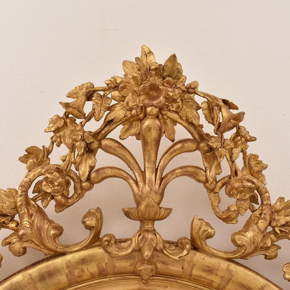 Large Antique Oval Mirror With Gilt Frames, Flowers And Scollutes,  Frame, 19th Century. (Spo198) photo vinterior