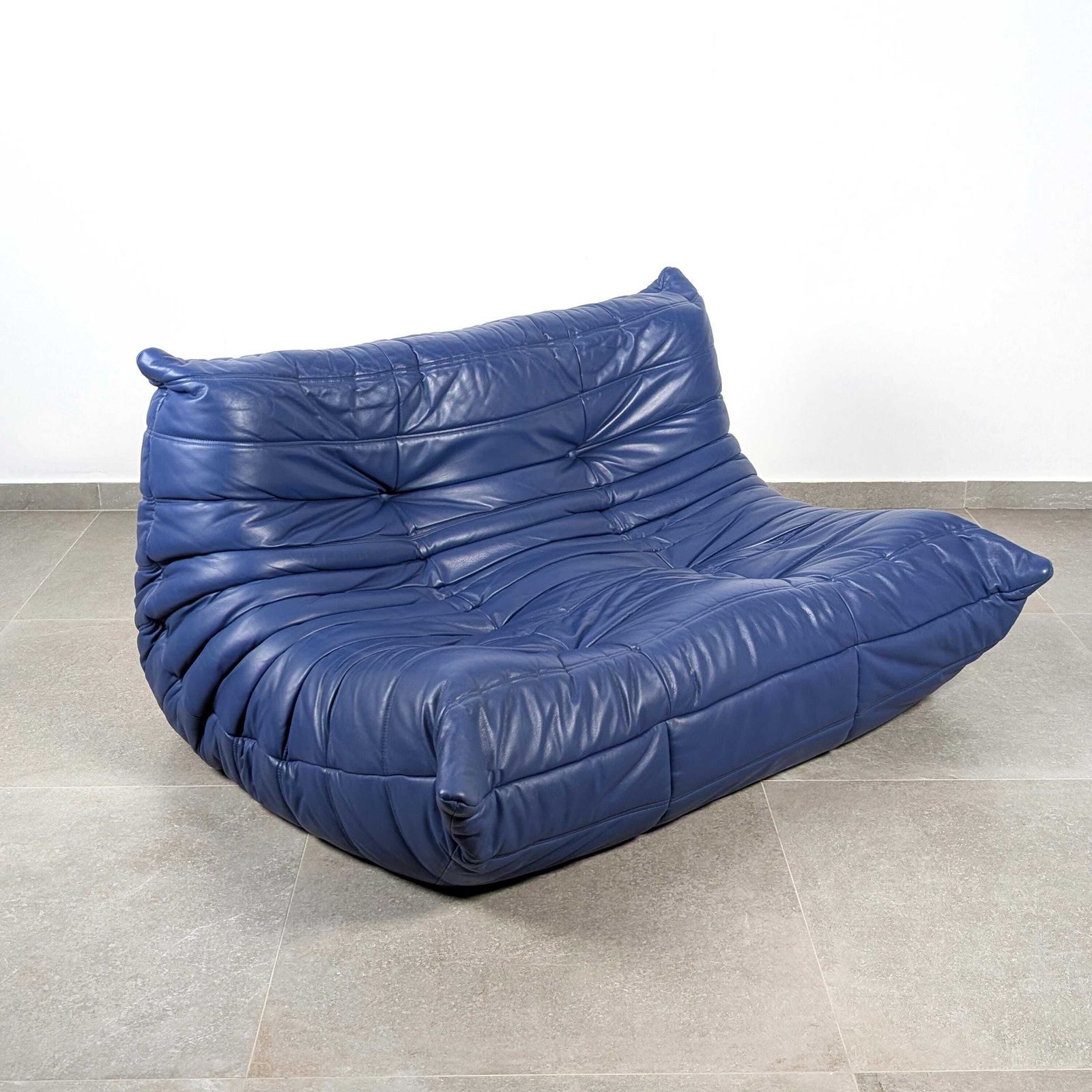 Michel Ducaroy Togo Two Seater Sofa, Blue Leather, Ligne Roset, France, 1980s