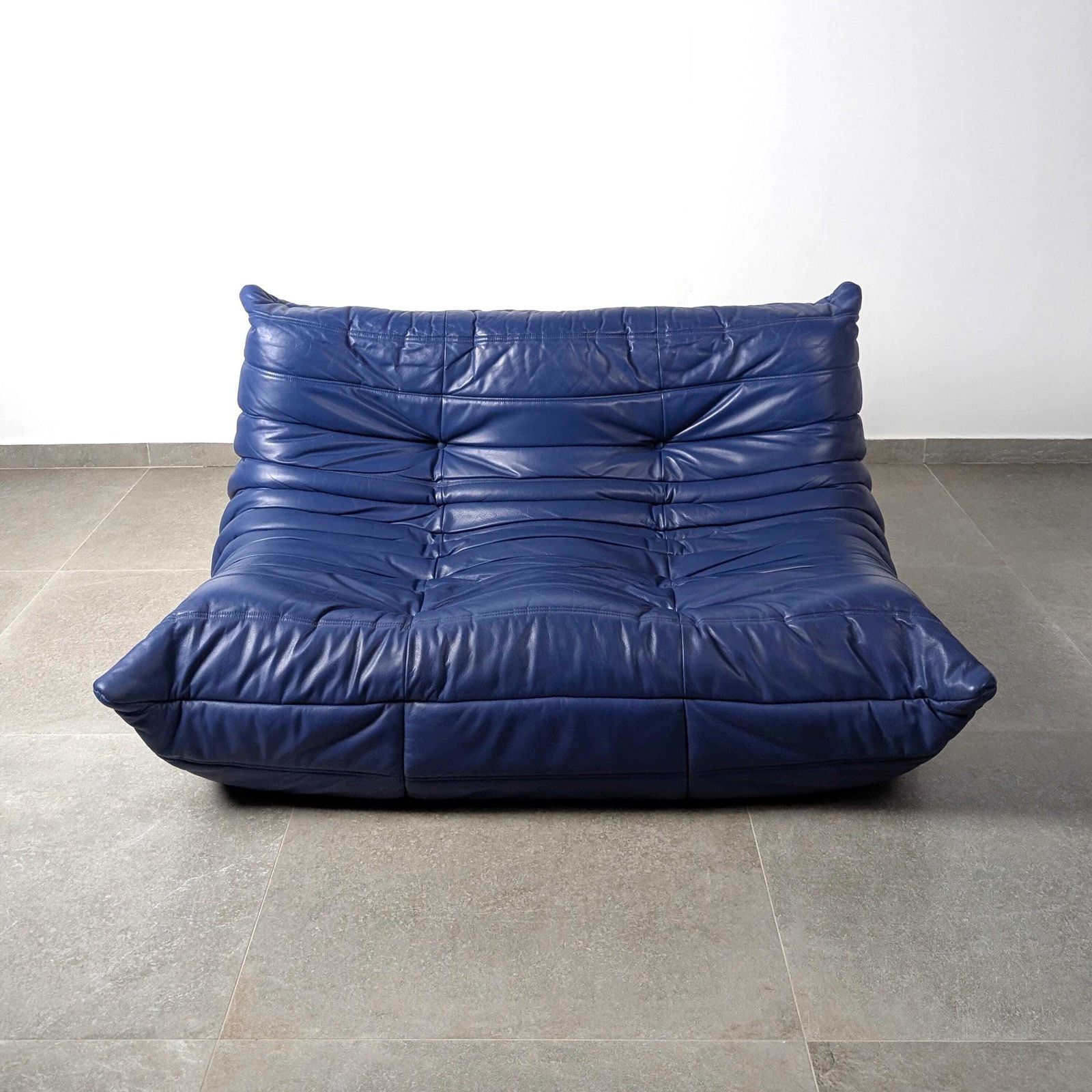 Michel Ducaroy Togo Two Seater Sofa, Blue Leather, Ligne Roset, France, 1980s photo Furniture